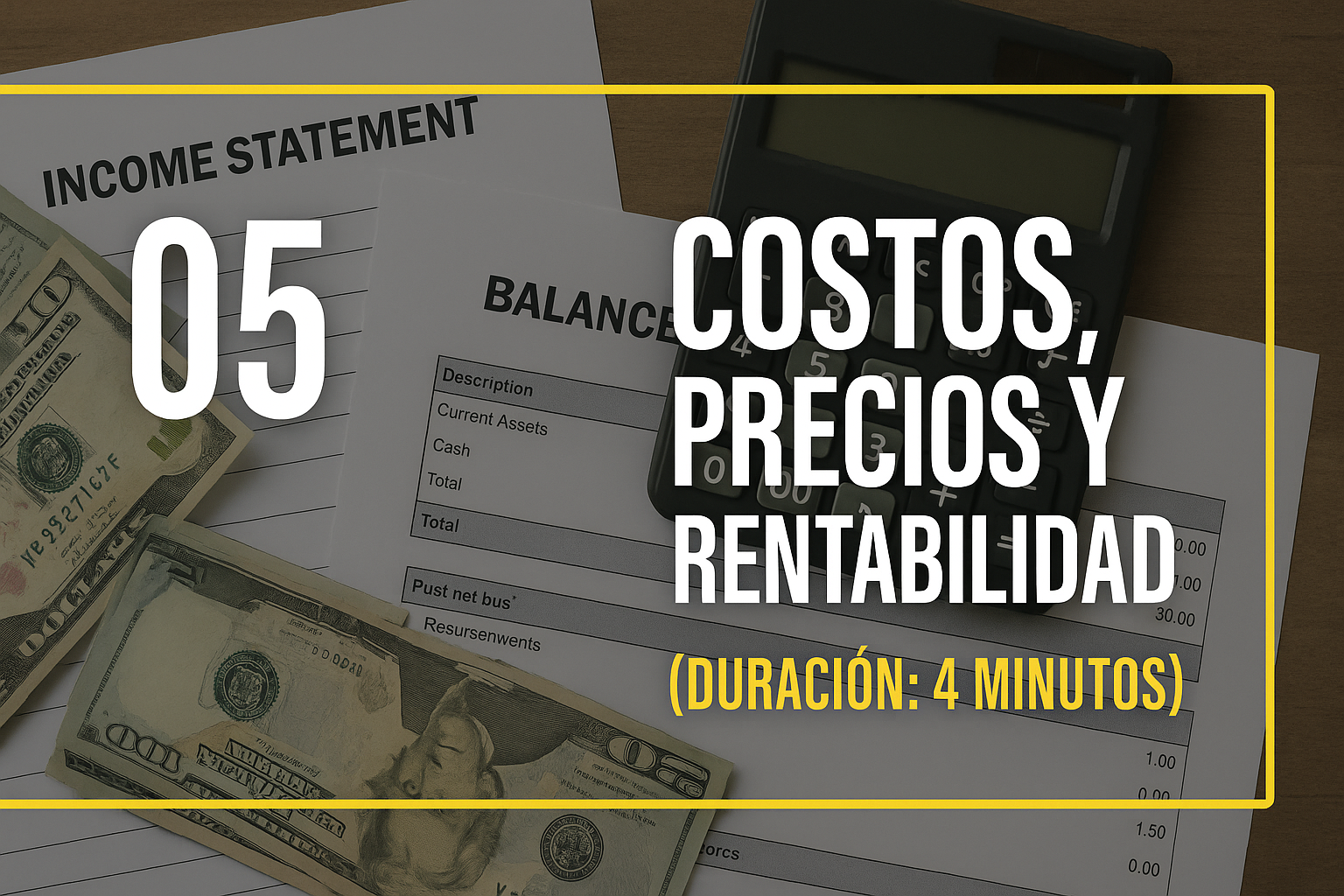 CAPÍTULO 5 — “05 • COSTOS, PRECIOS Y RENTABILIDAD — (DURACIÓN: 4 MINUTOS)”  Descripción:  Corto, directo y poderoso. Aquí aprenderán:  Qué costos SÍ se deben incluir en un precio  Los costos ocultos que la mayoría nunca suma  La fórmula exacta para fijar precios rentables  Cómo no regalar tu trabajo  Cómo saber si un servicio deja ganancia o pérdida  La clave para crecer sin morir en el intento
